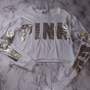 PINK Victoria's Secret White Crop Top with Metallic Gold Lettering